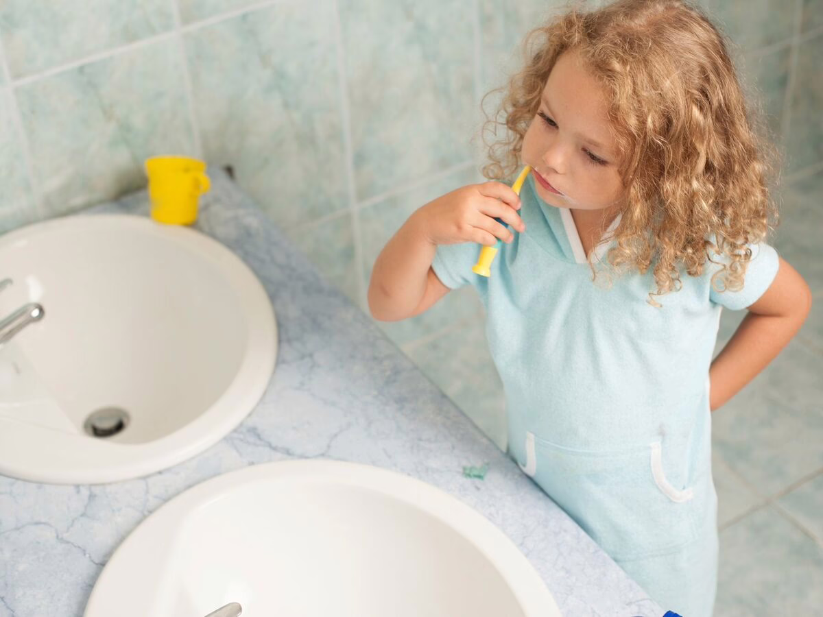 A toddler brushing their teeth