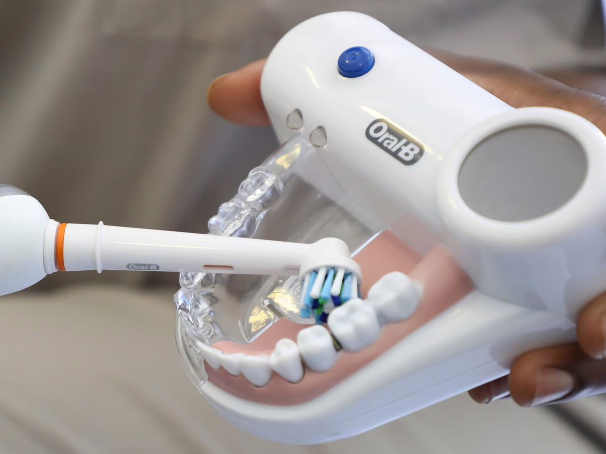 Electric toothbrush technique demonstrated on a dental model