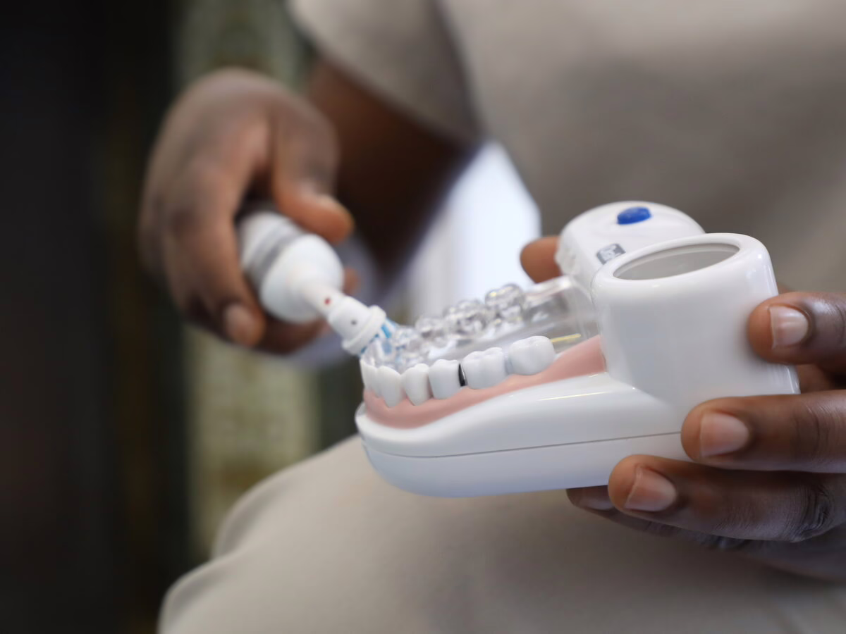 Electric toothbrush technique demonstrated on a dental model