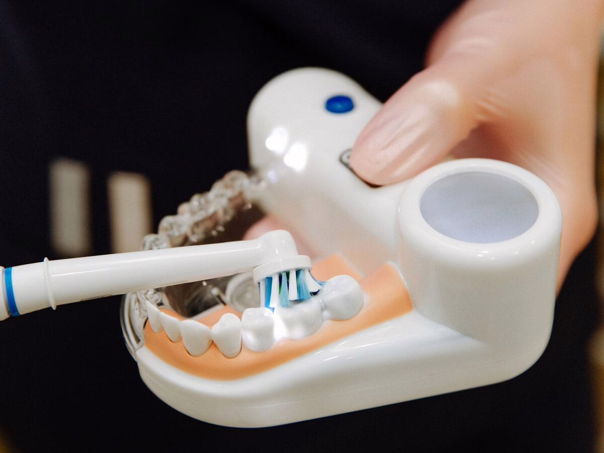 Brushing technique shown on a braces model