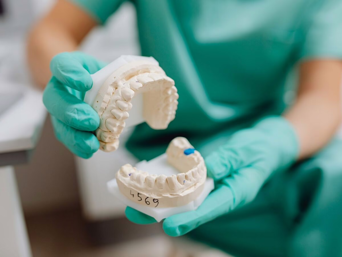 Gloved hands holding plaster dental models